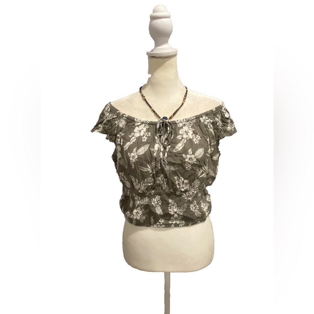 Streetwear Society Khaki Beige Tropical Boho Print Off The Shoulders Crop Top- L